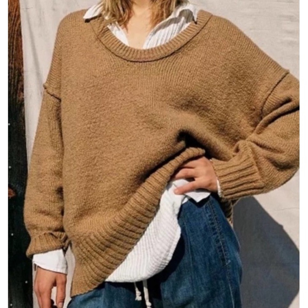 Free People Brookside Tunic Sweater Scoop Neck Oversize Desert Camel Medium